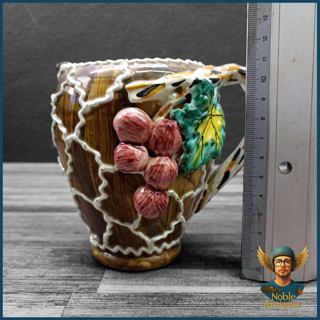 Signed Italian Majolica with Applied Handle and Flowers Pitcher