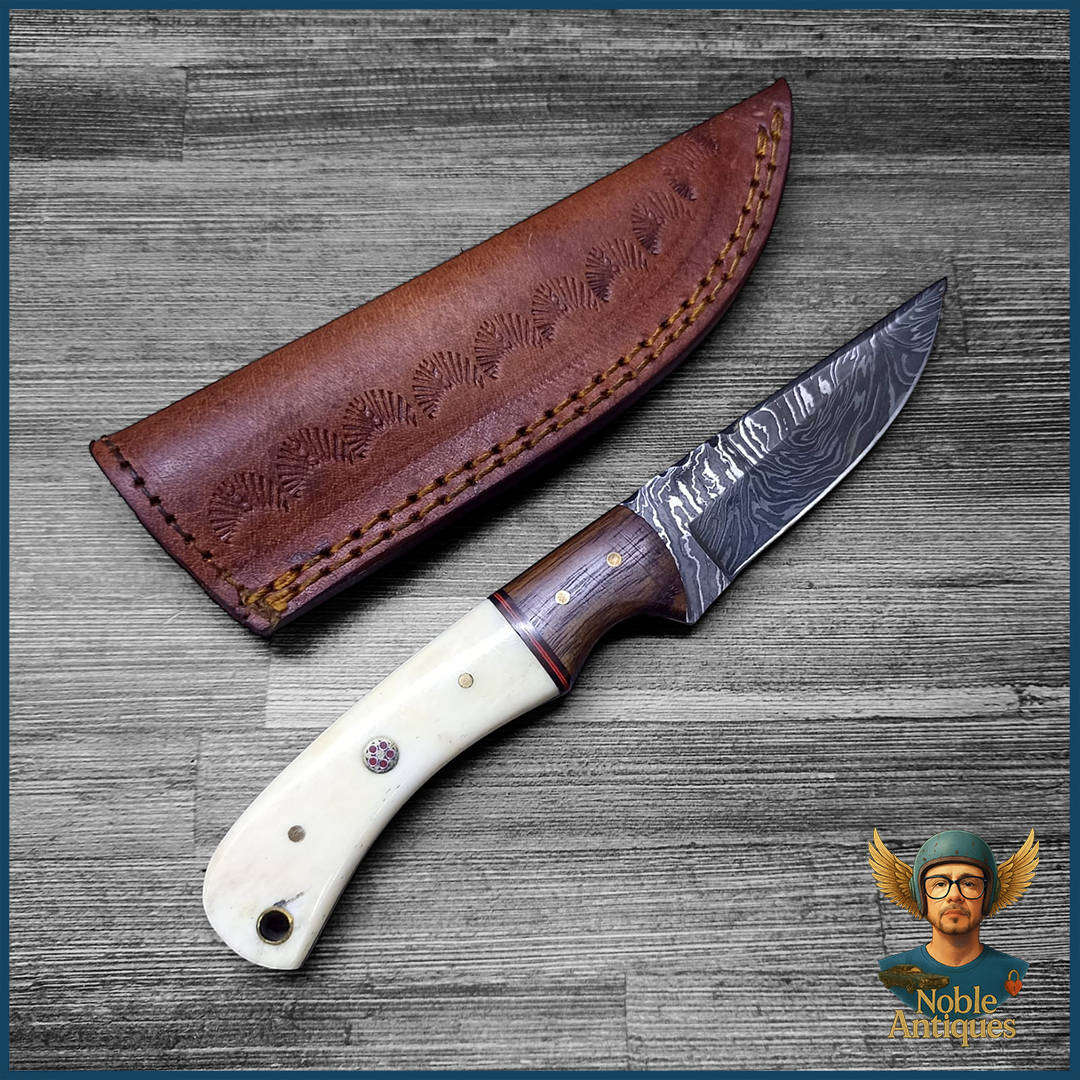 Damascus Steel Hunting Knife and Leather Sheath