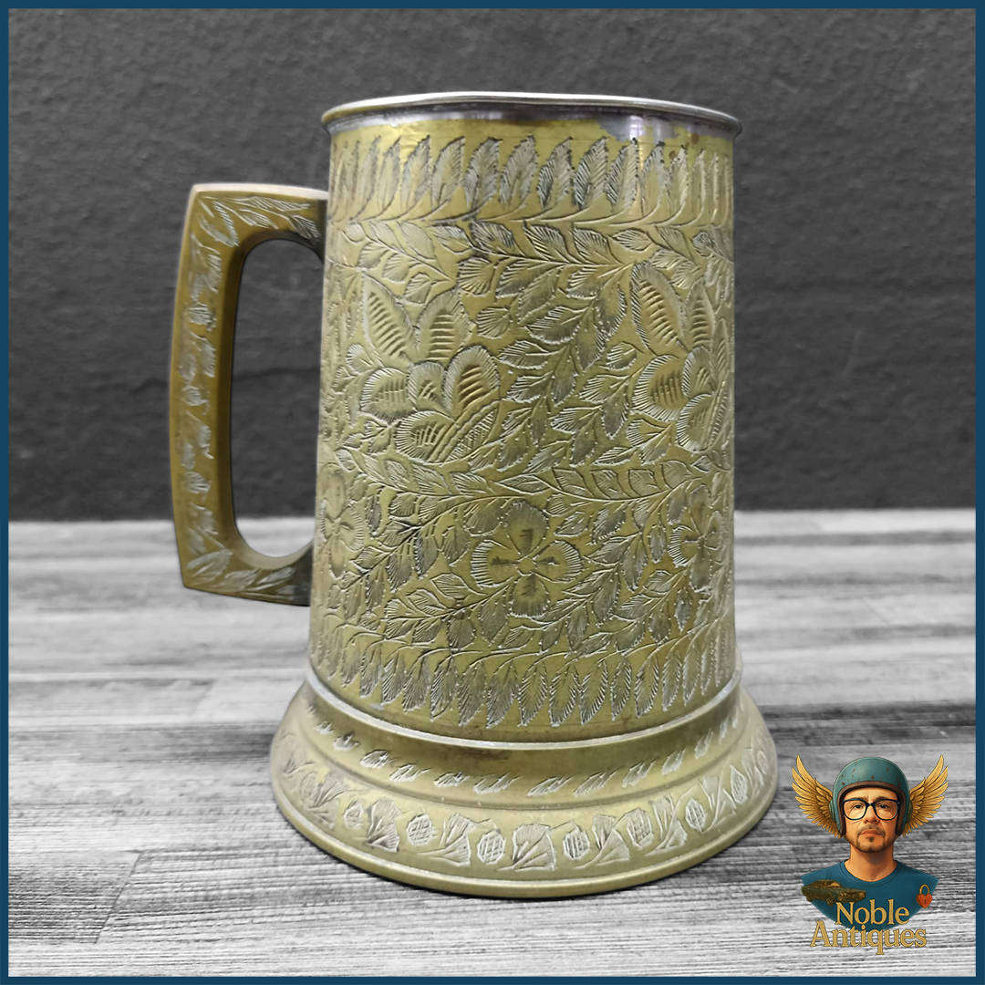 Large Vintage Hand-etched Brass Beer Mug Or Stein