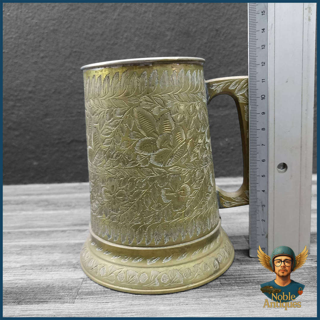 Large Vintage Hand-etched Brass Beer Mug Or Stein