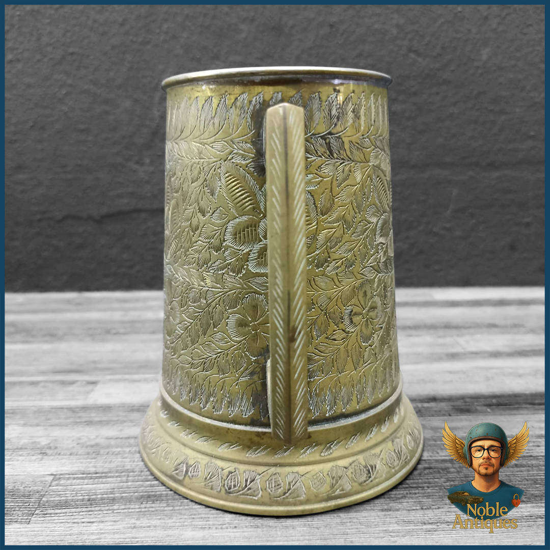 Large Vintage Hand-etched Brass Beer Mug Or Stein