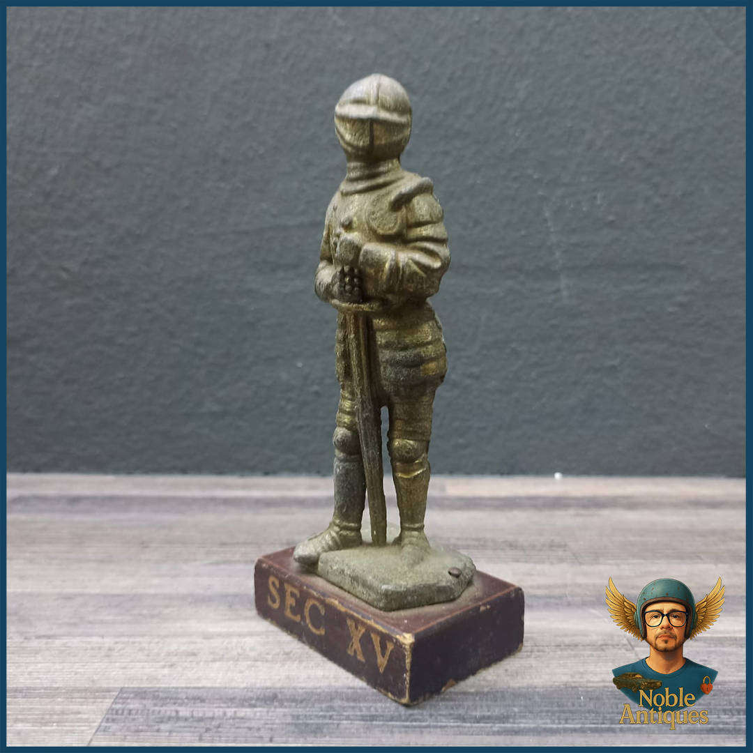 Vintage Brass On Wood Paperweight Of A Medieval Knight In Armour