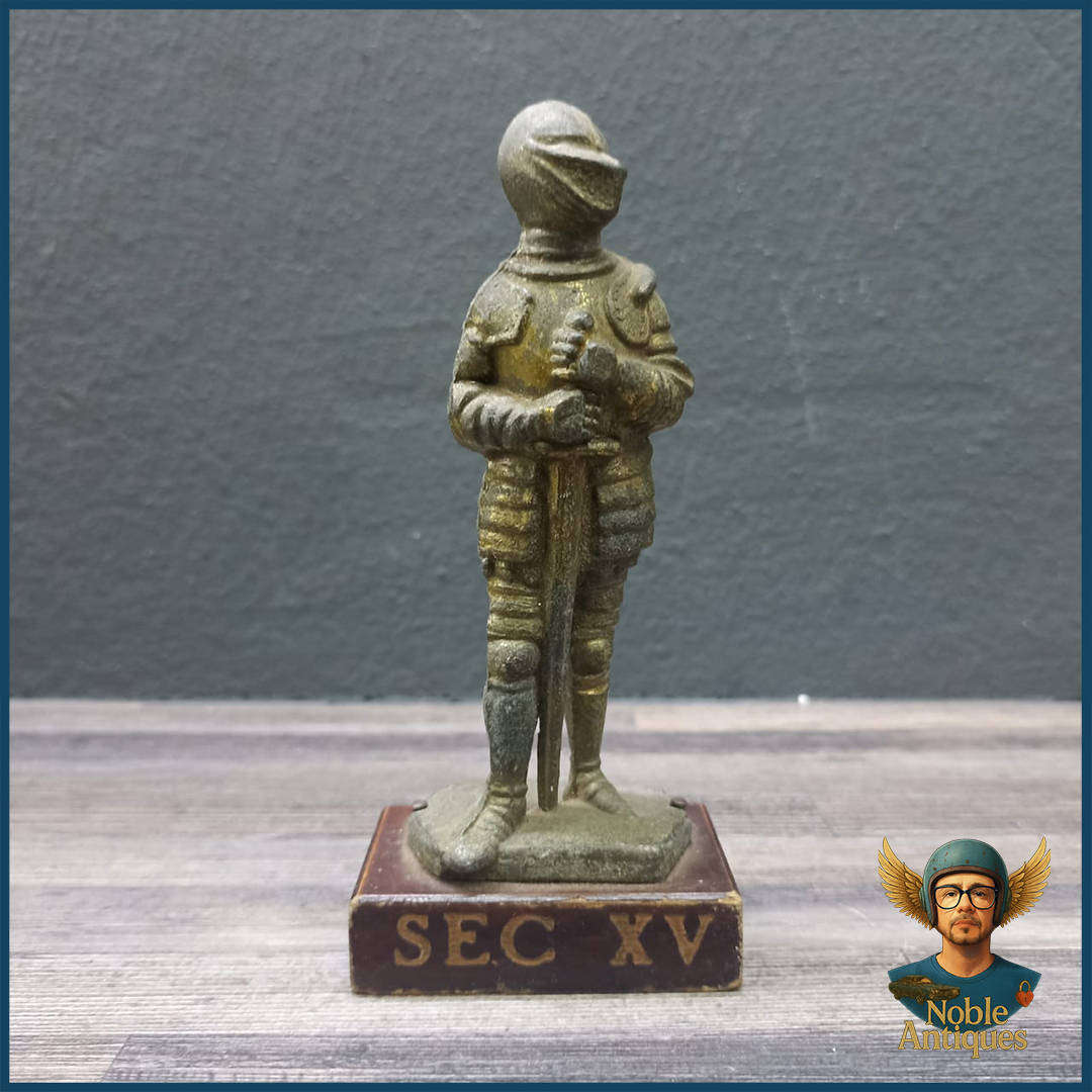 Vintage Brass On Wood Paperweight Of A Medieval Knight In Armour