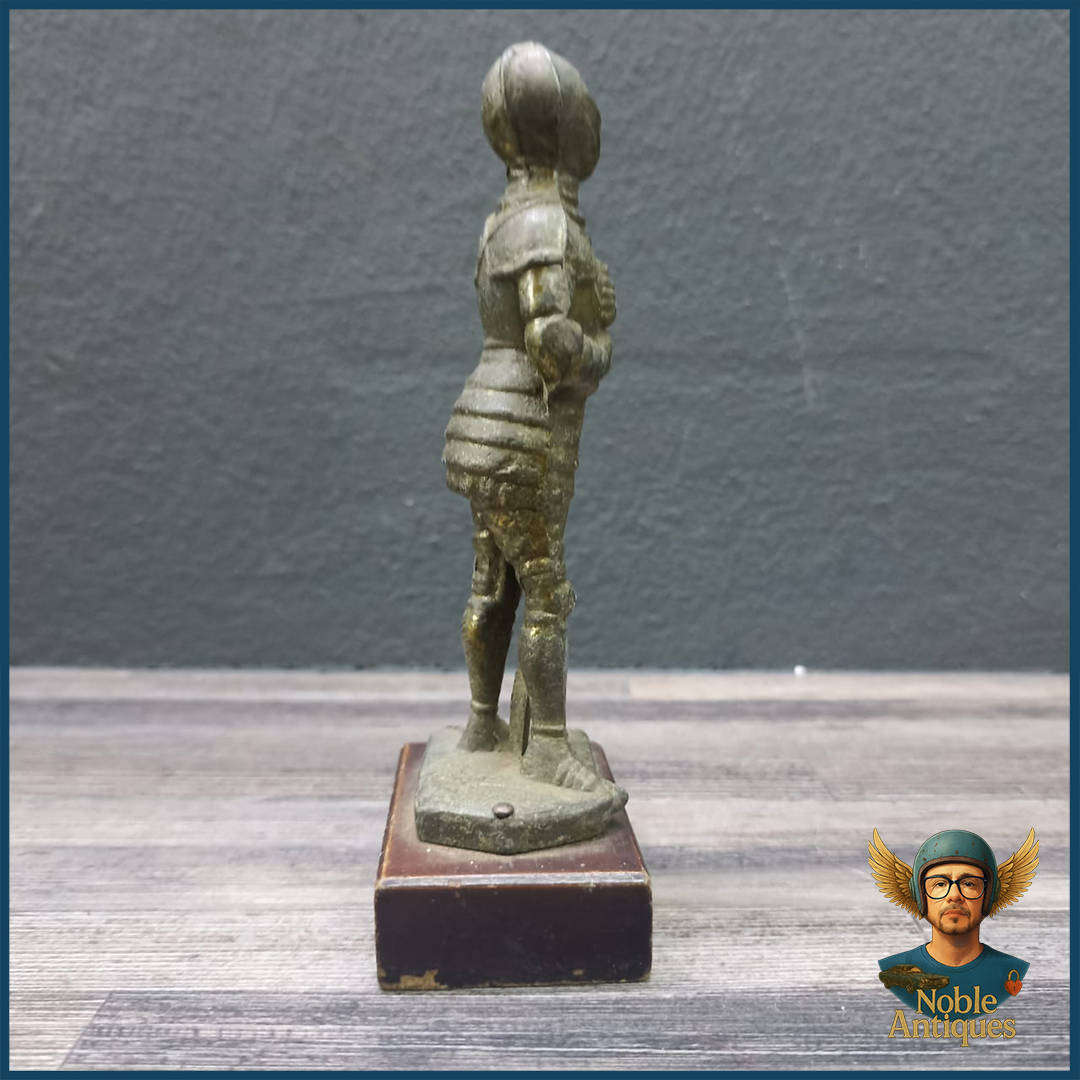 Vintage Brass On Wood Paperweight Of A Medieval Knight In Armour
