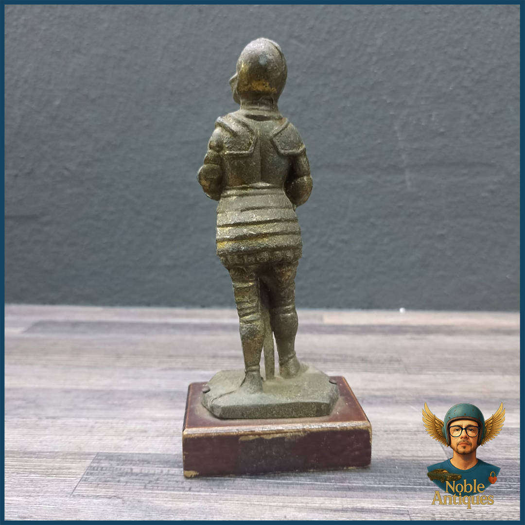 Vintage Brass On Wood Paperweight Of A Medieval Knight In Armour