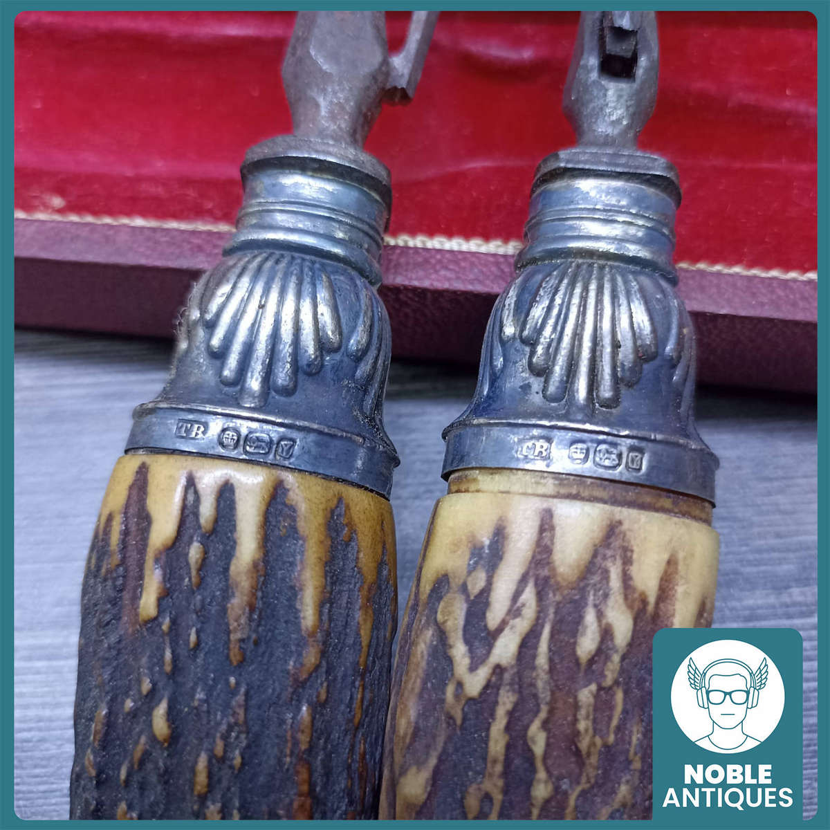 1891 Boxed Sterling Silver Stag Horn Handle Down Hasel Co. Sheffield Carving Set