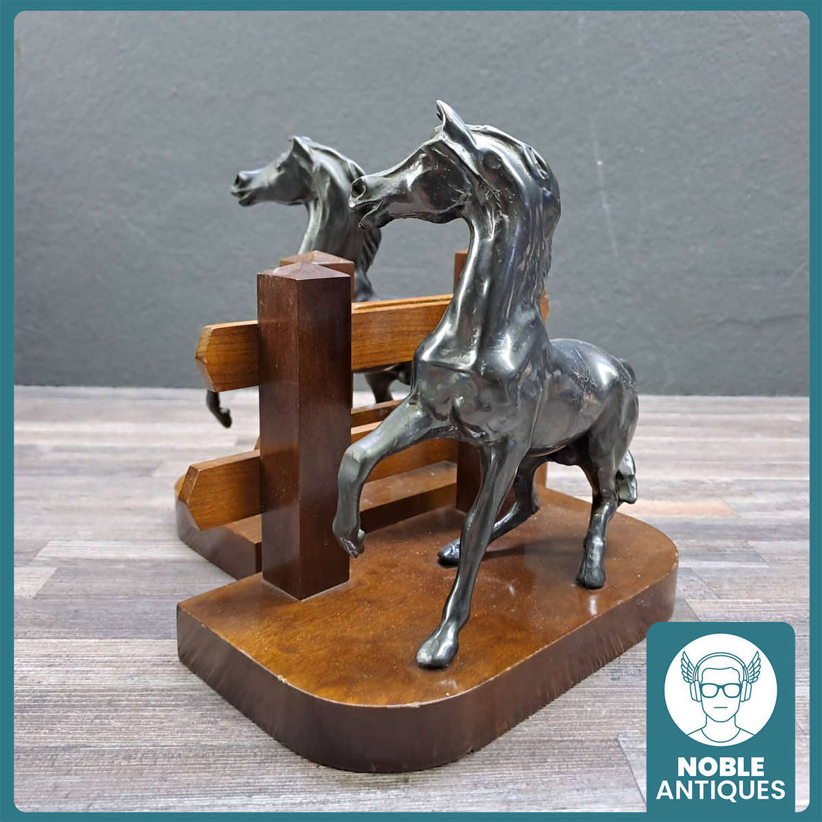 Vintage Cast Bronze and Wood Horse Bookends