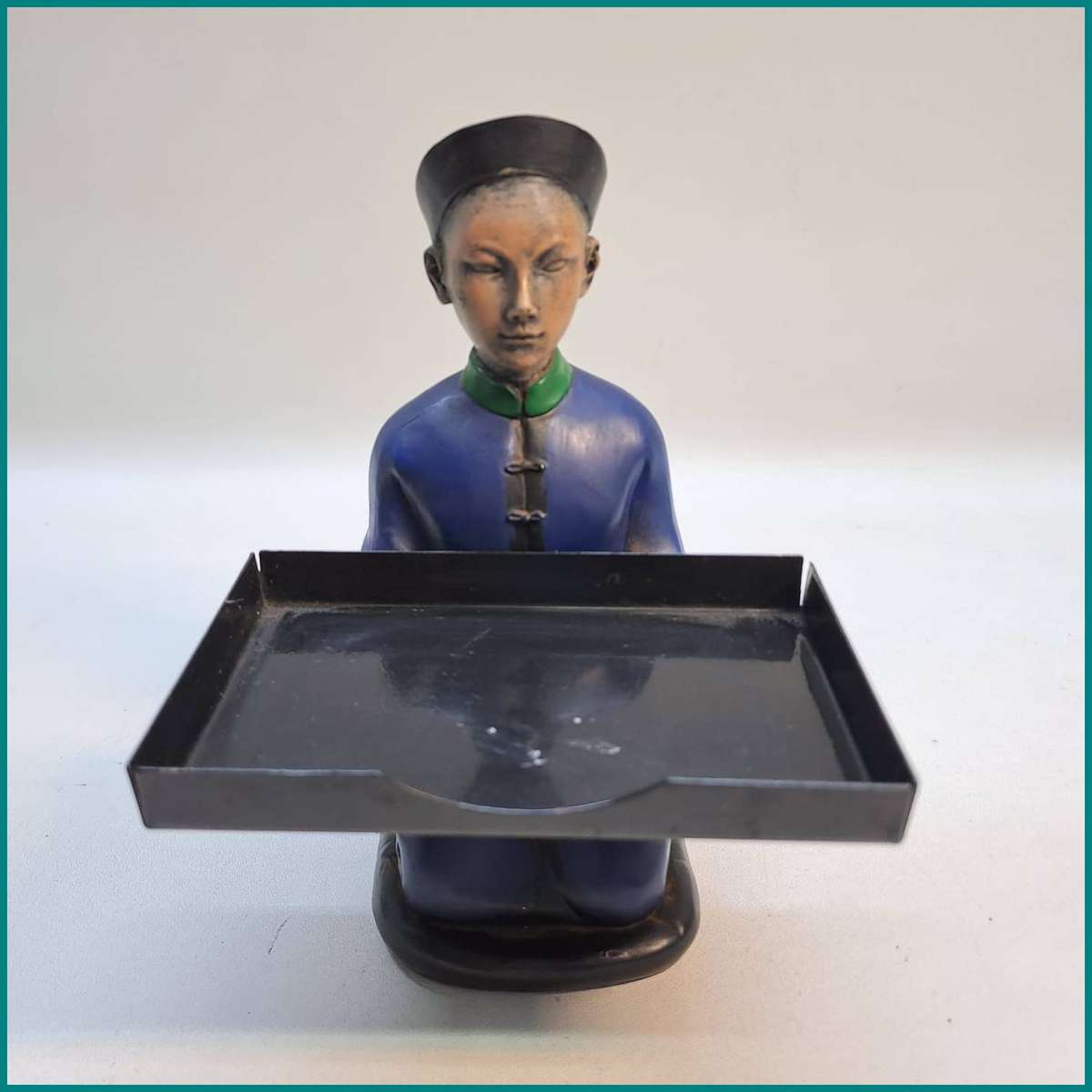 Vintage Chinoiserie-style kneeling servant valet business card tray