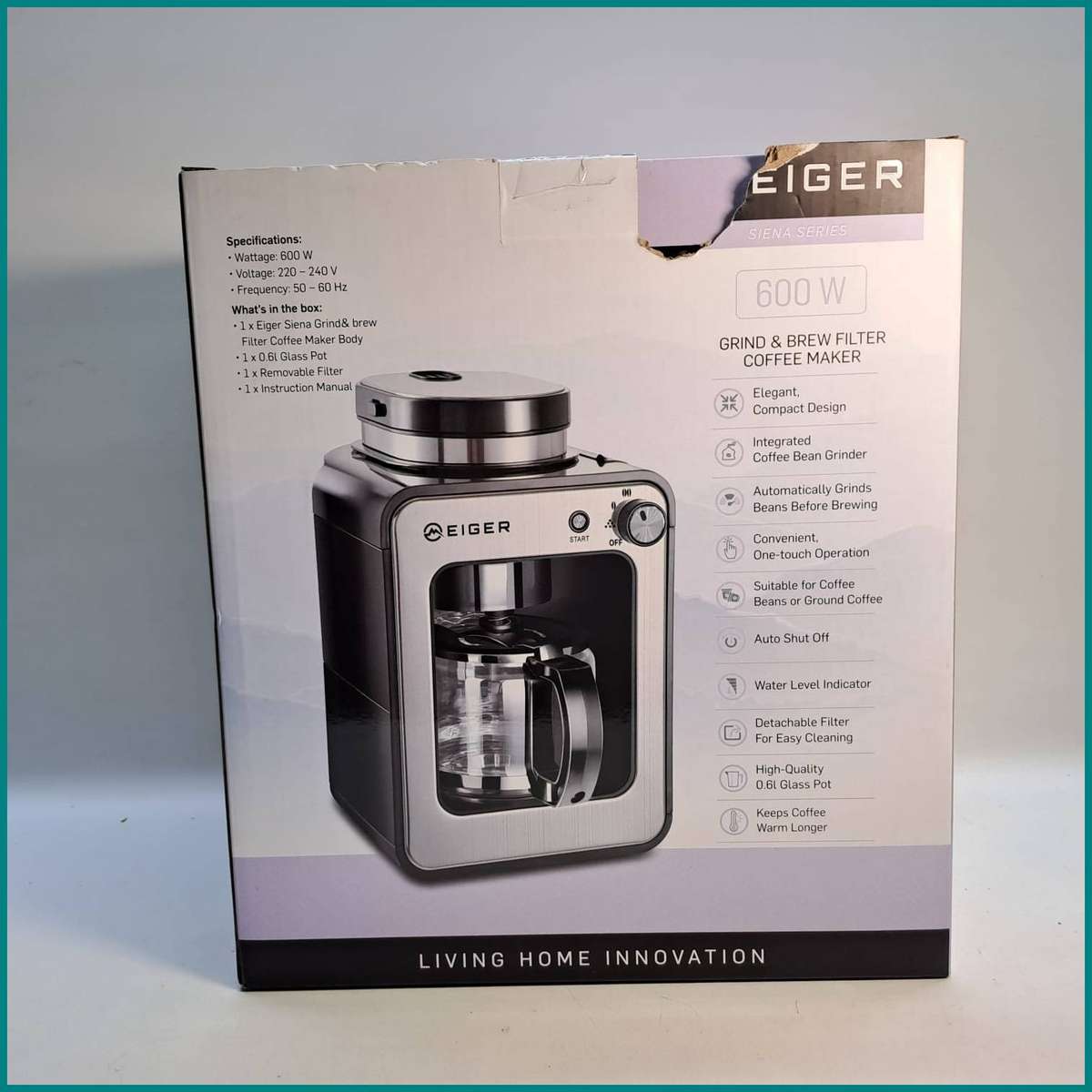 Boxed Eiger 600W Siena Series Grind & Brew Filter Coffee Maker