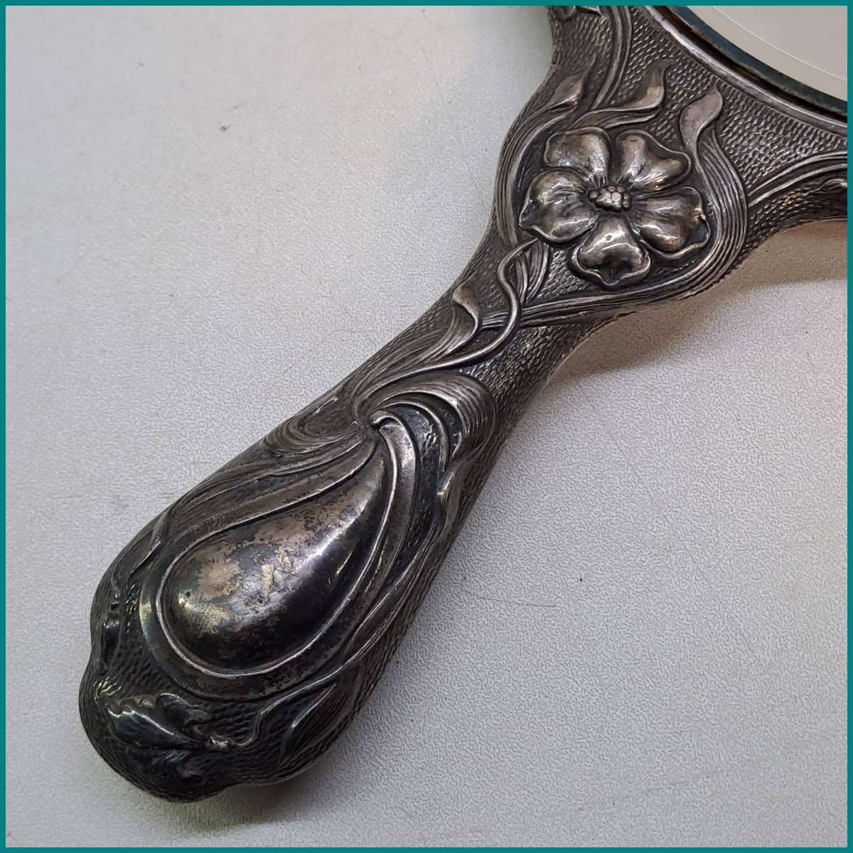 Large Sterling Silver Highly Decorated Antique Hand Mirror 411g Weighted