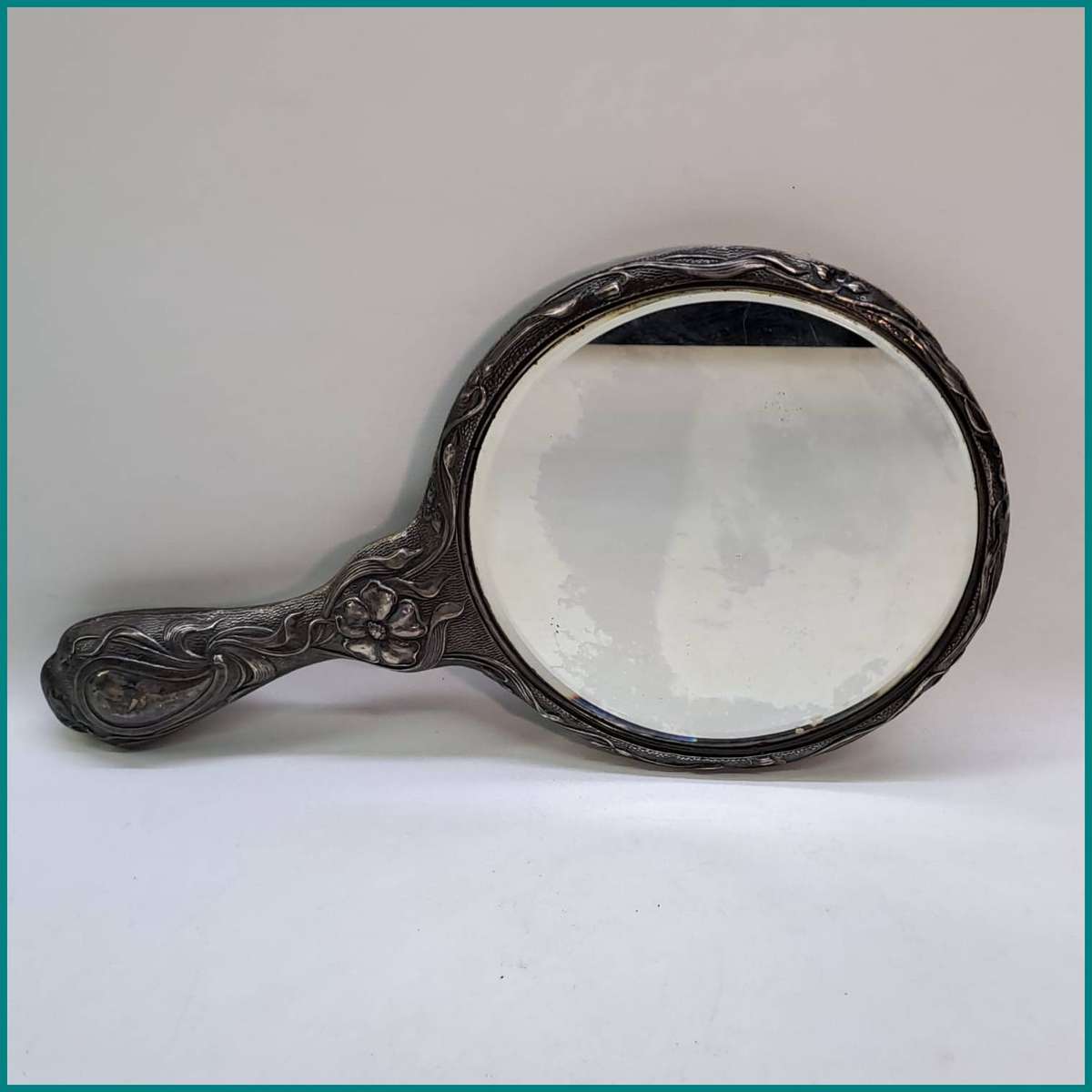 Large Sterling Silver Highly Decorated Antique Hand Mirror 411g Weighted