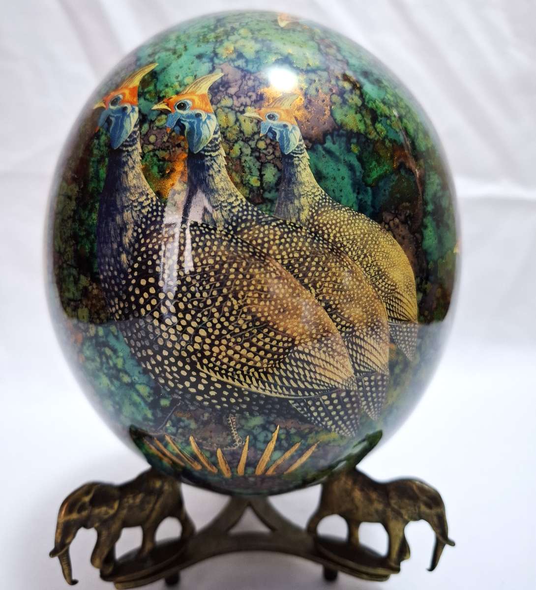 Vintage Decorated Ostrich Egg on Brass Stand