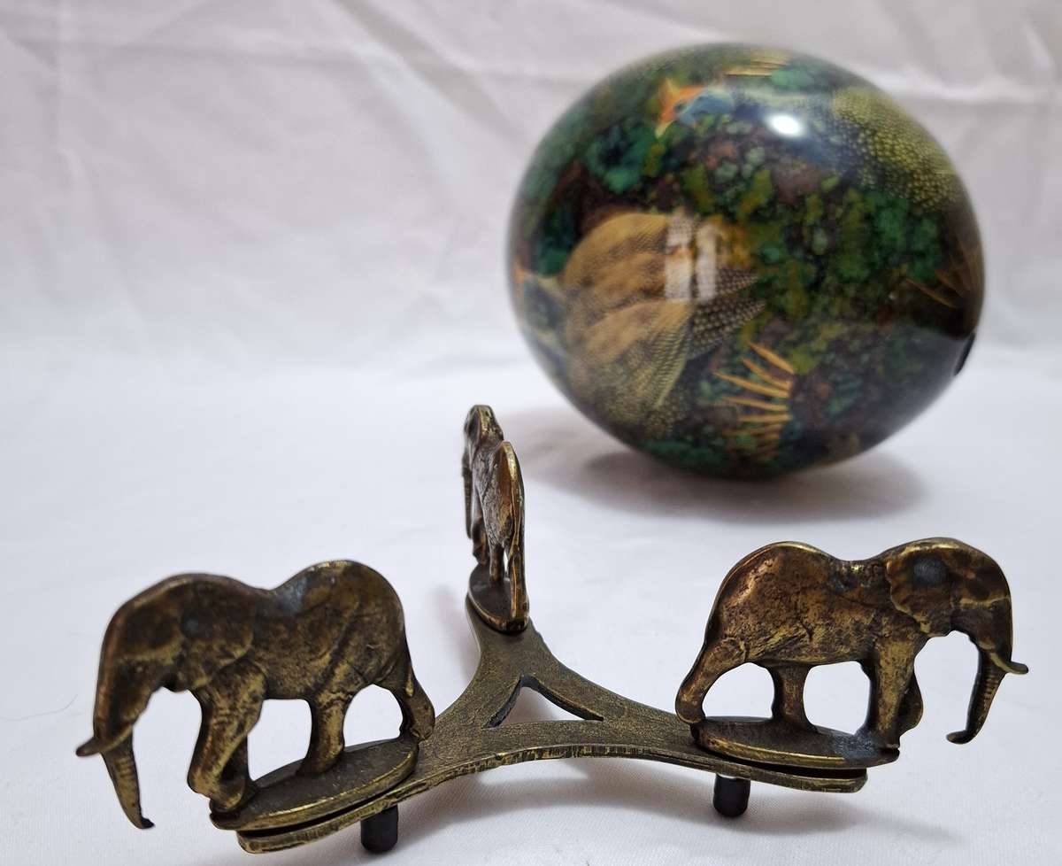 Vintage Decorated Ostrich Egg on Brass Stand