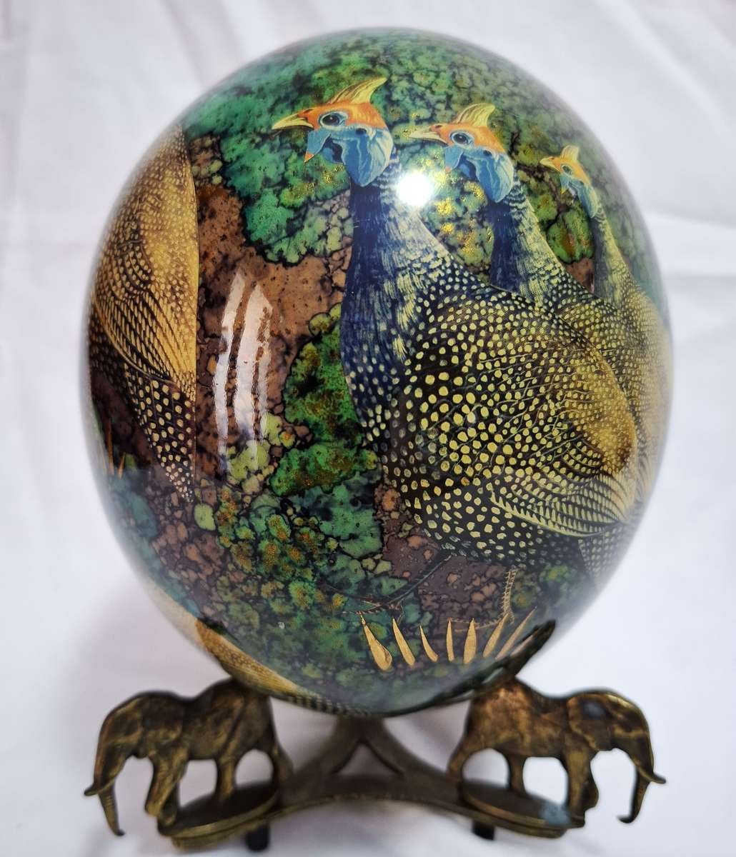 Vintage Decorated Ostrich Egg on Brass Stand