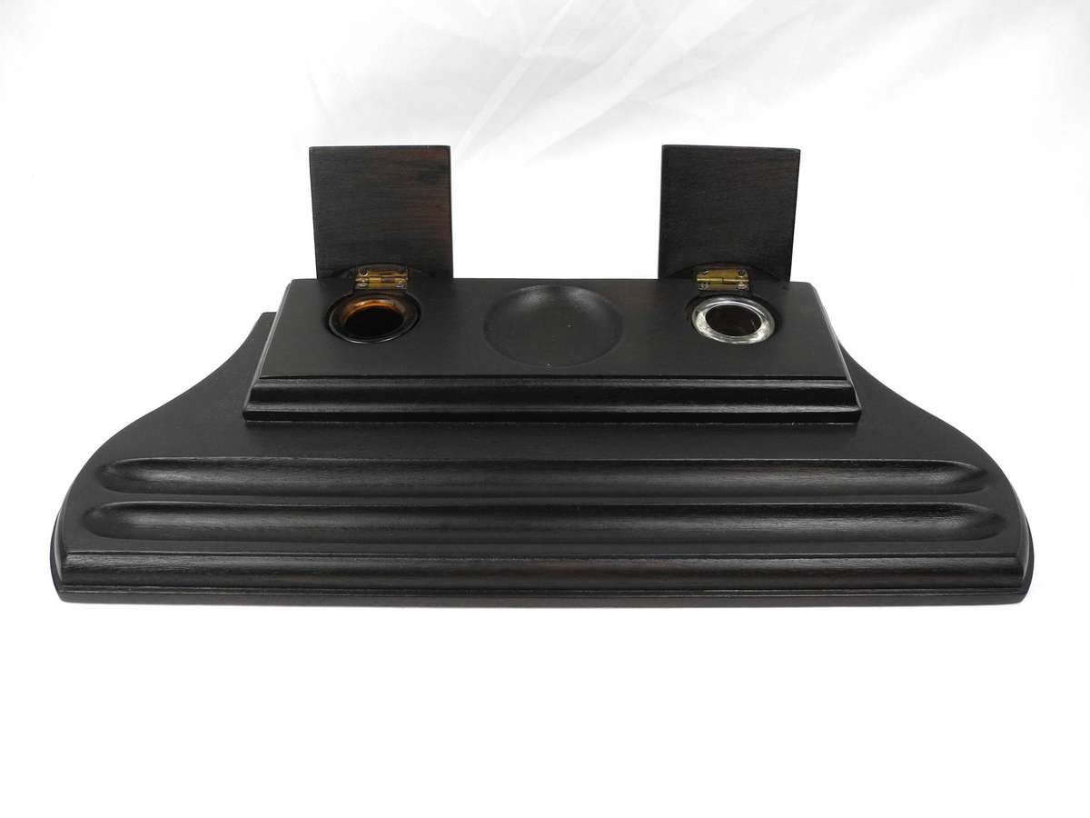 Vintage Dark-Stained Wooden Dual Inkwell Desk Stand