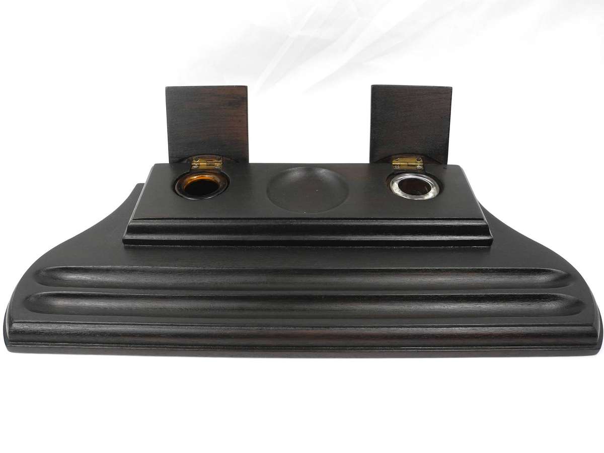 Vintage Dark-Stained Wooden Dual Inkwell Desk Stand