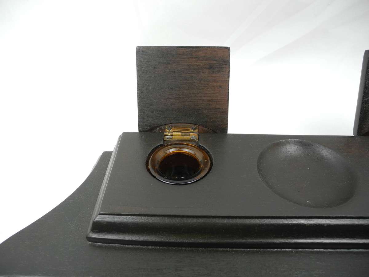 Vintage Dark-Stained Wooden Dual Inkwell Desk Stand