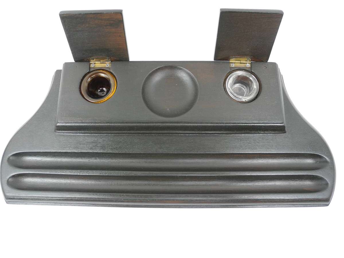 Vintage Dark-Stained Wooden Dual Inkwell Desk Stand