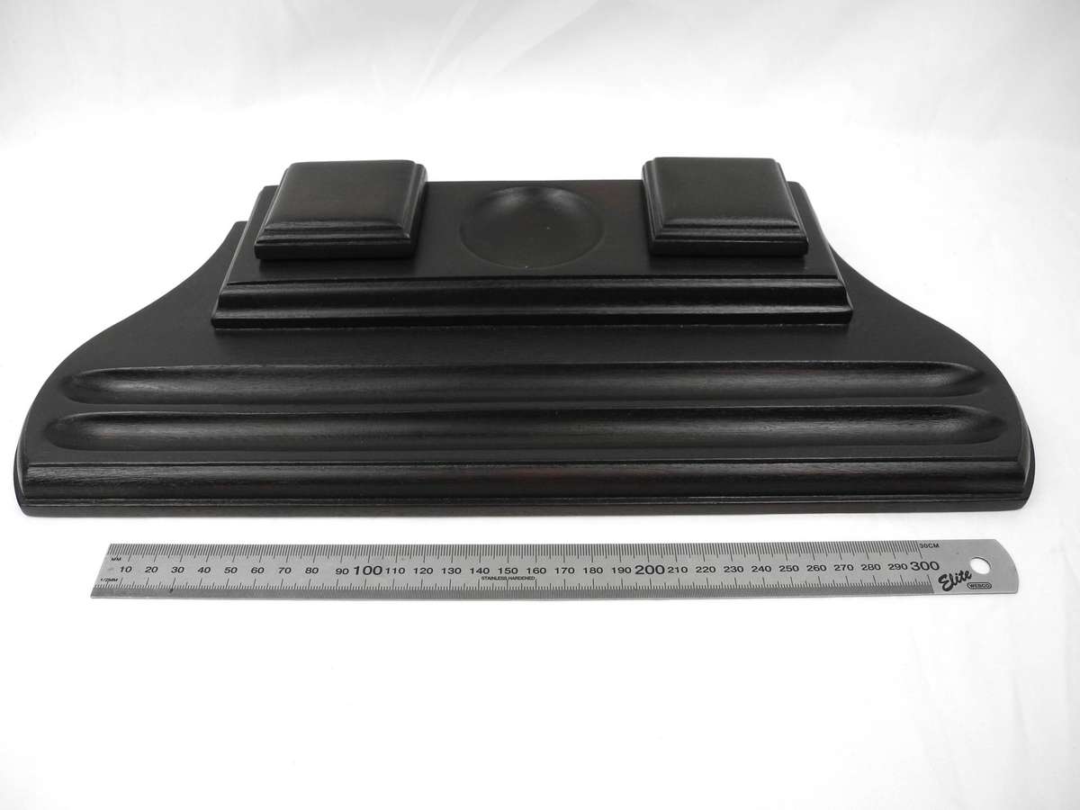Vintage Dark-Stained Wooden Dual Inkwell Desk Stand