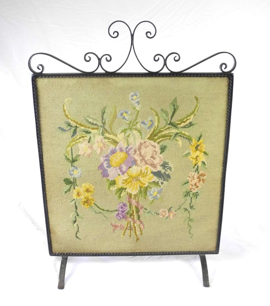Vintage Wrought Iron Fire Screen with Floral Tapestry Panel