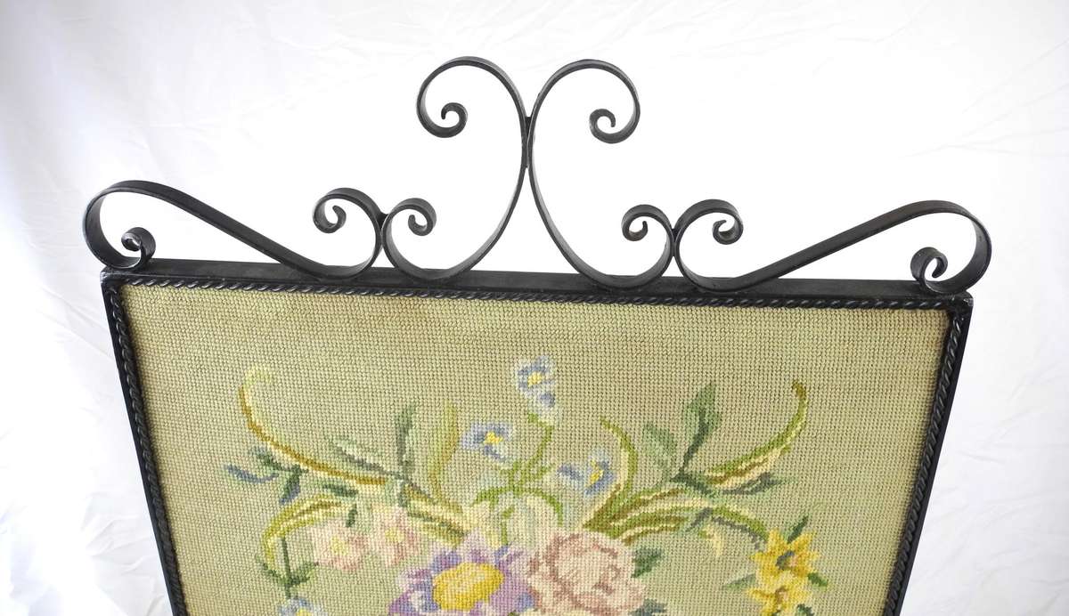 Vintage Wrought Iron Fire Screen with Floral Tapestry Panel