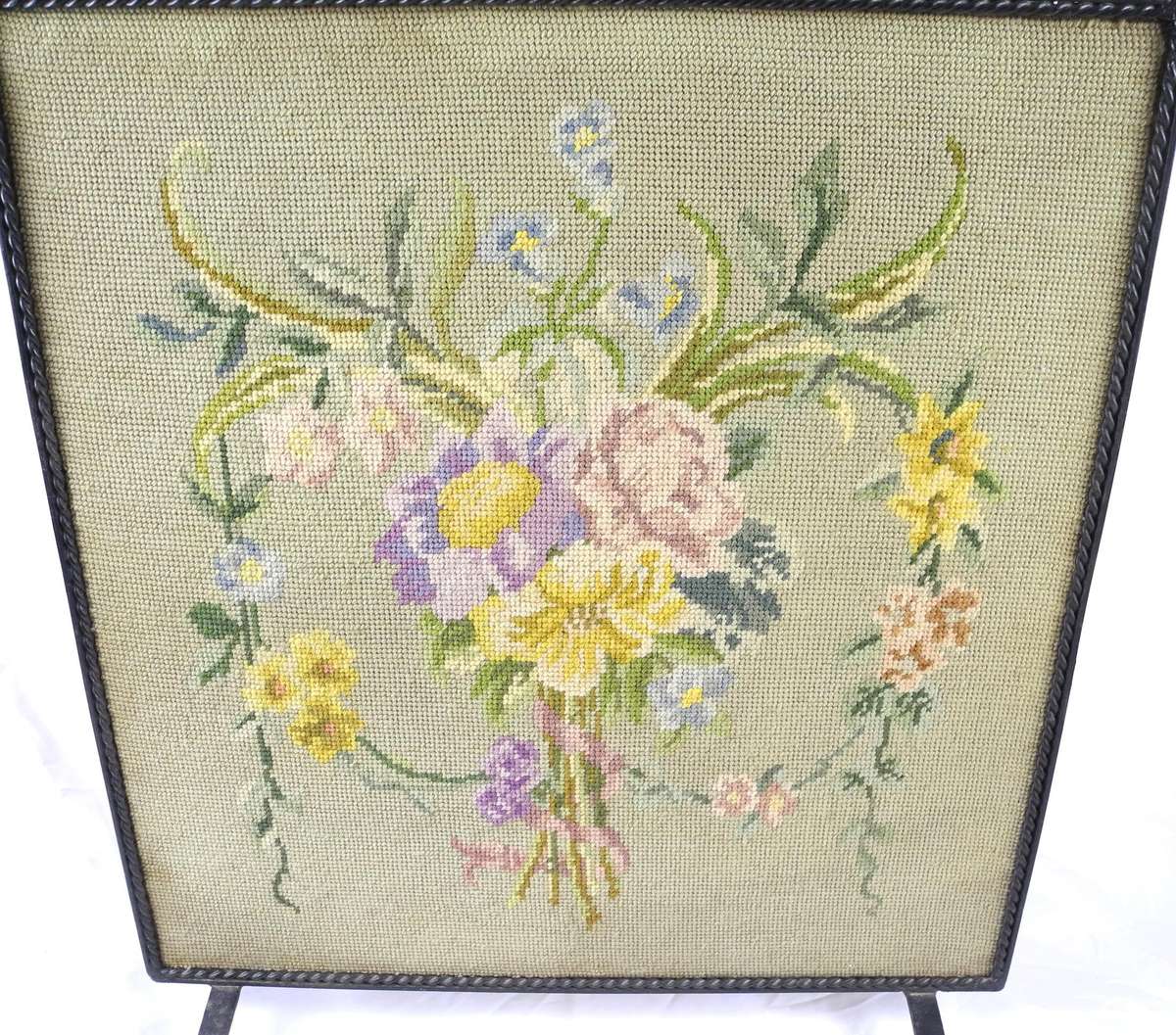 Vintage Wrought Iron Fire Screen with Floral Tapestry Panel