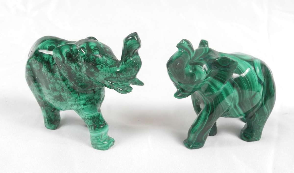 Pair of Hand-Carved Malachite Elephant Figurines