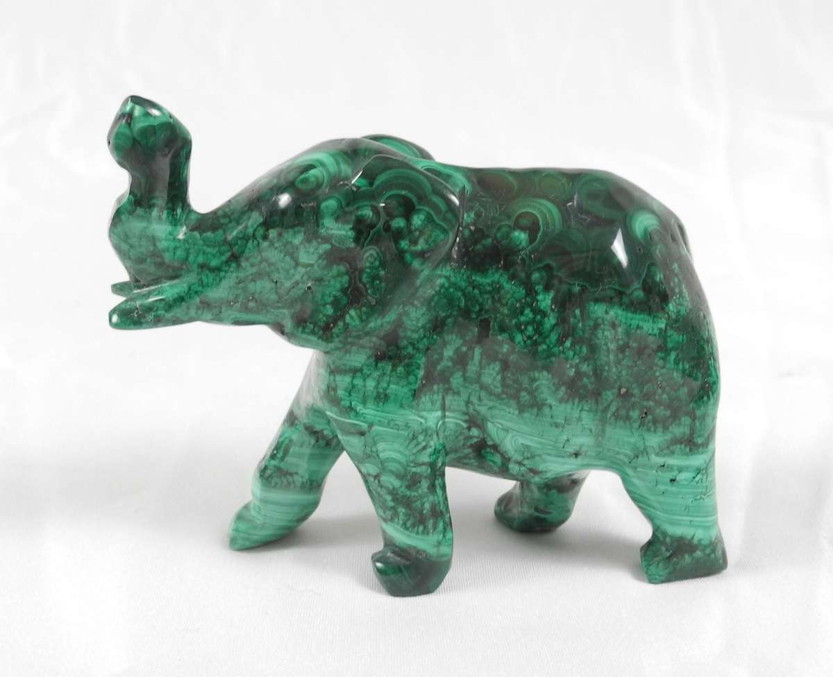 Pair of Hand-Carved Malachite Elephant Figurines