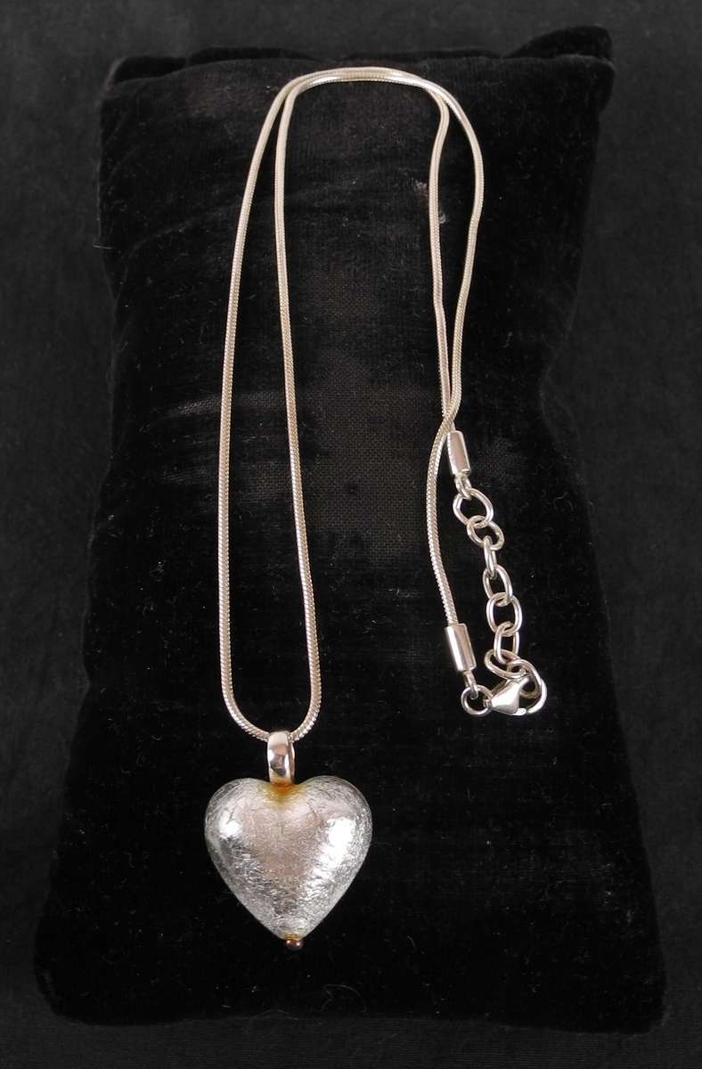 Vintage Sterling Silver, Foil and Glass Heart Pendant on Snake Chain with Matching Drop Earrings
