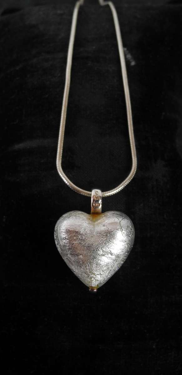 Vintage Sterling Silver, Foil and Glass Heart Pendant on Snake Chain with Matching Drop Earrings
