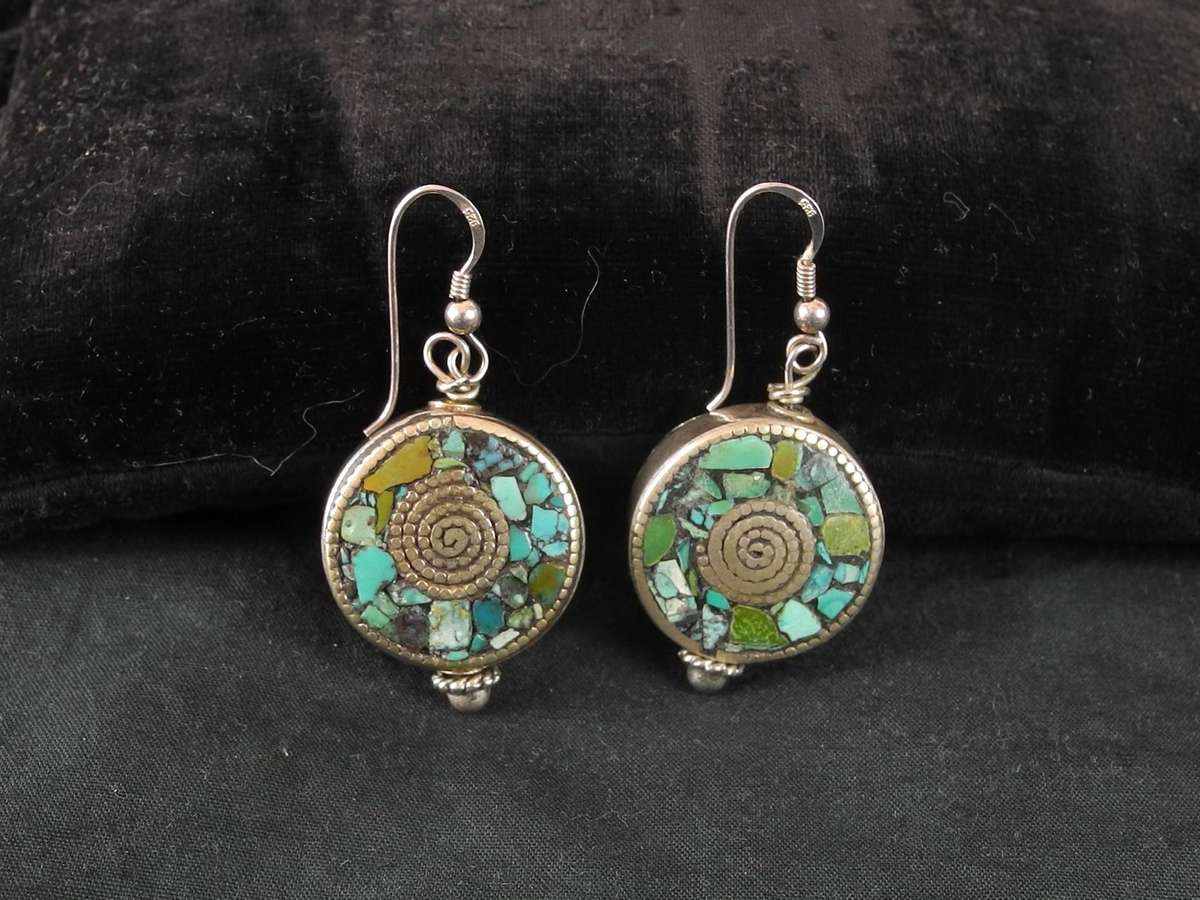 Vintage Turquoise and Tibetan Silver Drop Earrings