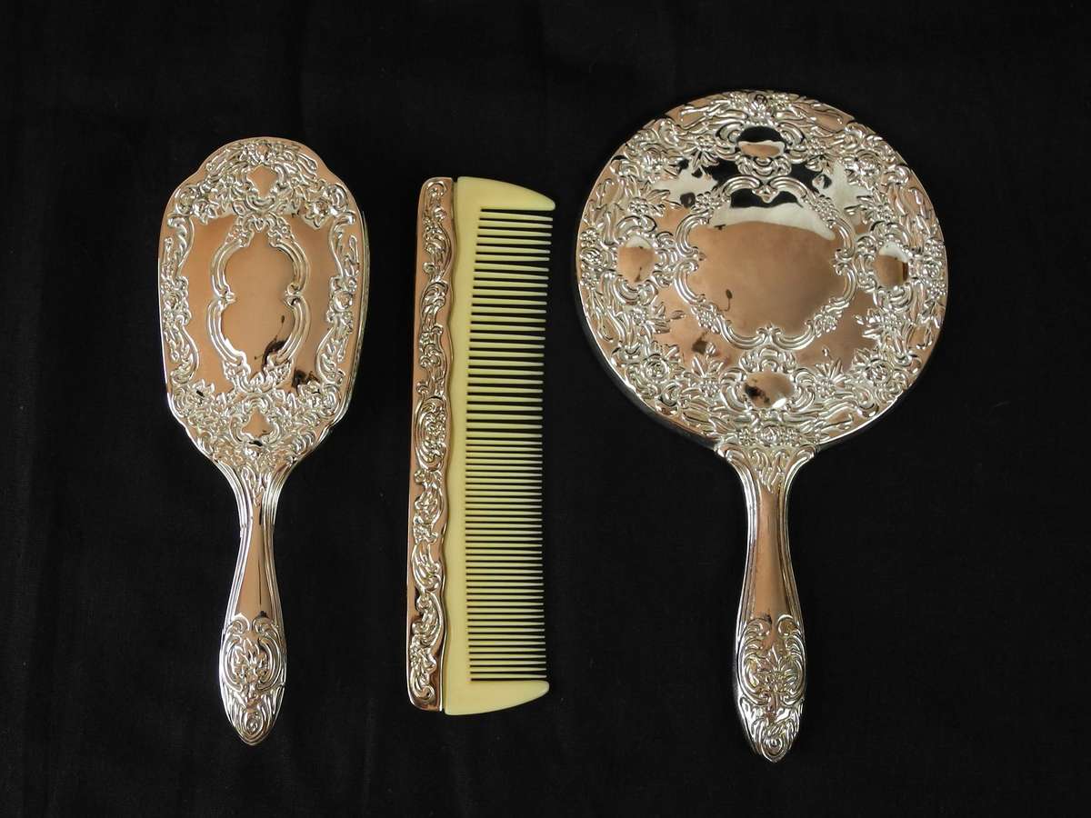 Vintage Silver-Plated Vanity Set - Mirror, Brush & Comb