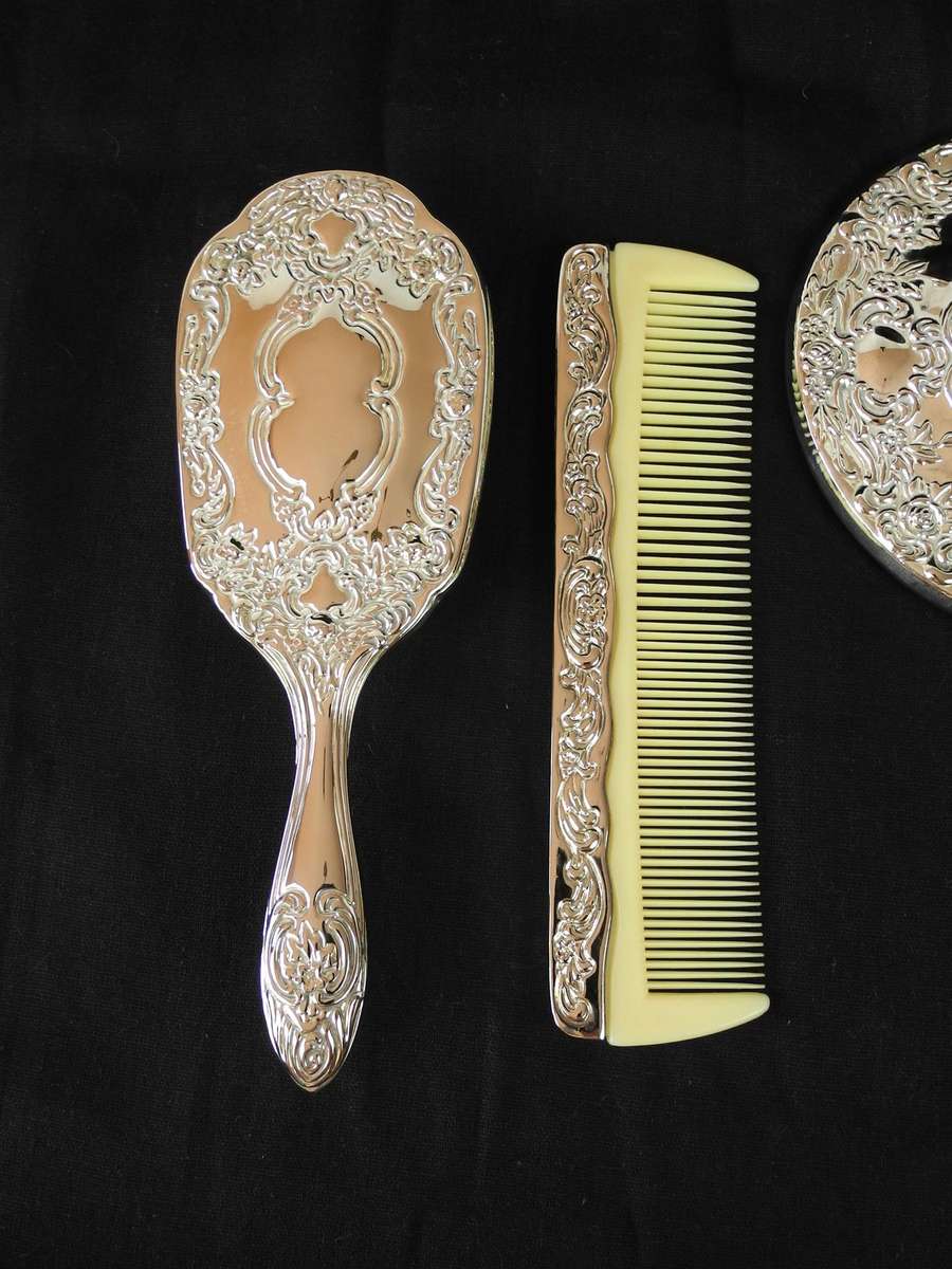 Vintage Silver-Plated Vanity Set - Mirror, Brush & Comb