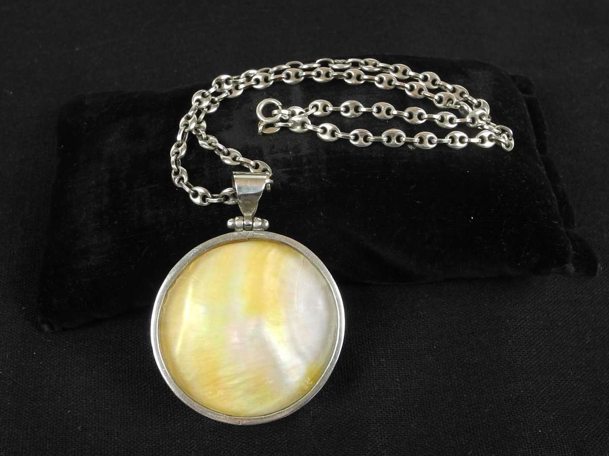 Vintage Large Sterling Silver and Mother of Pearl Pendant on Sterling Silver Chain (40.5g)