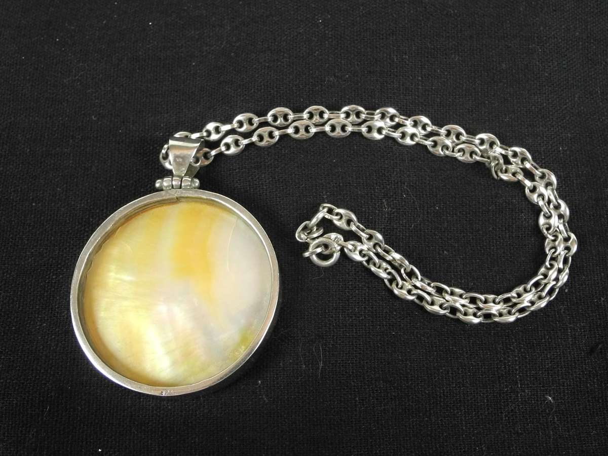Vintage Large Sterling Silver and Mother of Pearl Pendant on Sterling Silver Chain (40.5g)