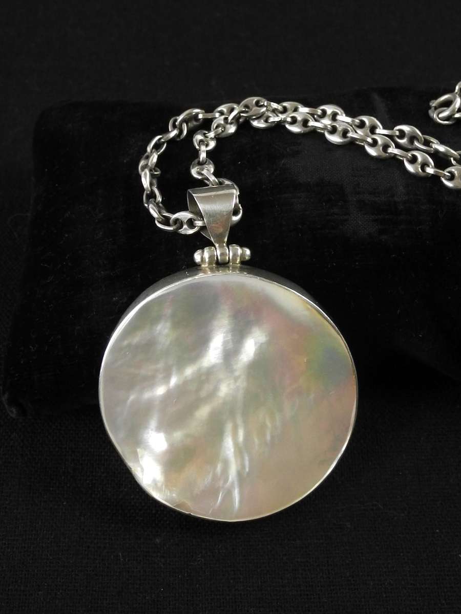 Vintage Large Sterling Silver and Mother of Pearl Pendant on Sterling Silver Chain (40.5g)