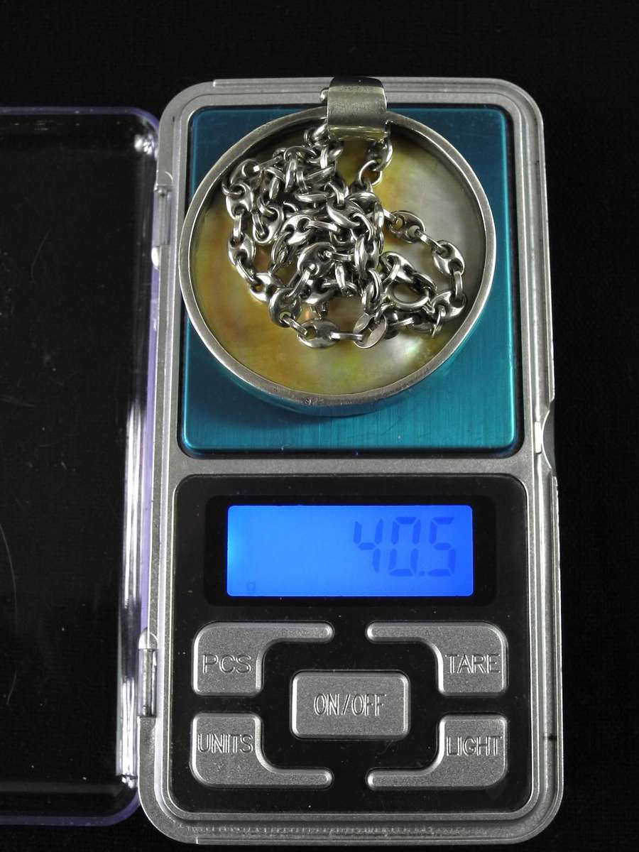 Vintage Large Sterling Silver and Mother of Pearl Pendant on Sterling Silver Chain (40.5g)