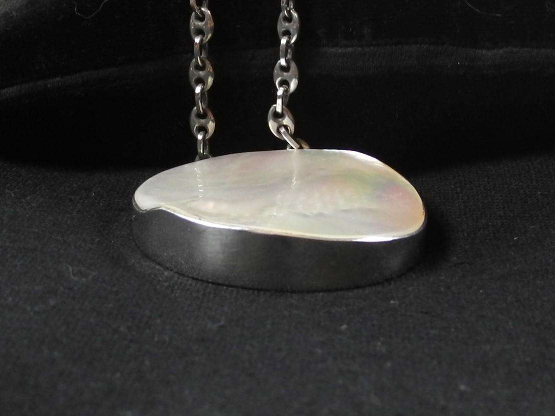 Vintage Large Sterling Silver and Mother of Pearl Pendant on Sterling Silver Chain (40.5g)