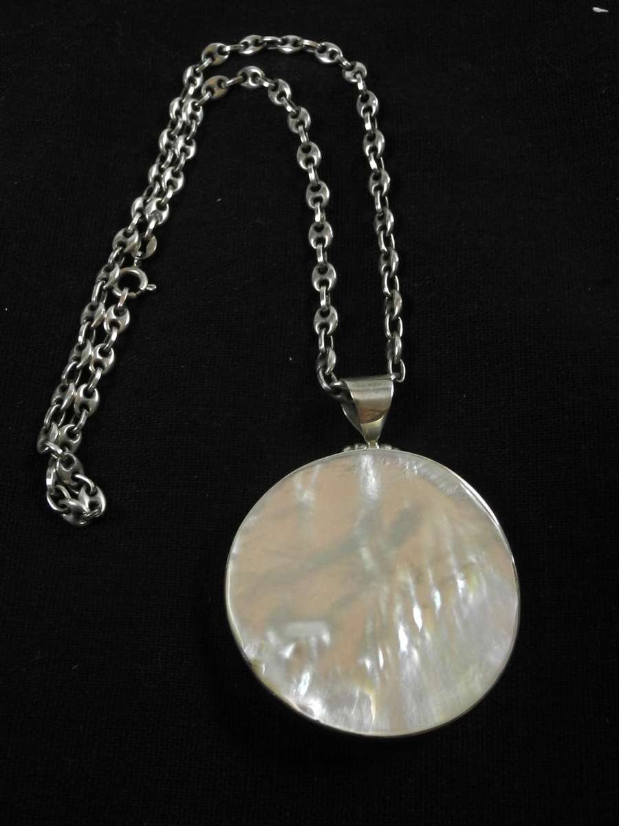 Vintage Large Sterling Silver and Mother of Pearl Pendant on Sterling Silver Chain (40.5g)