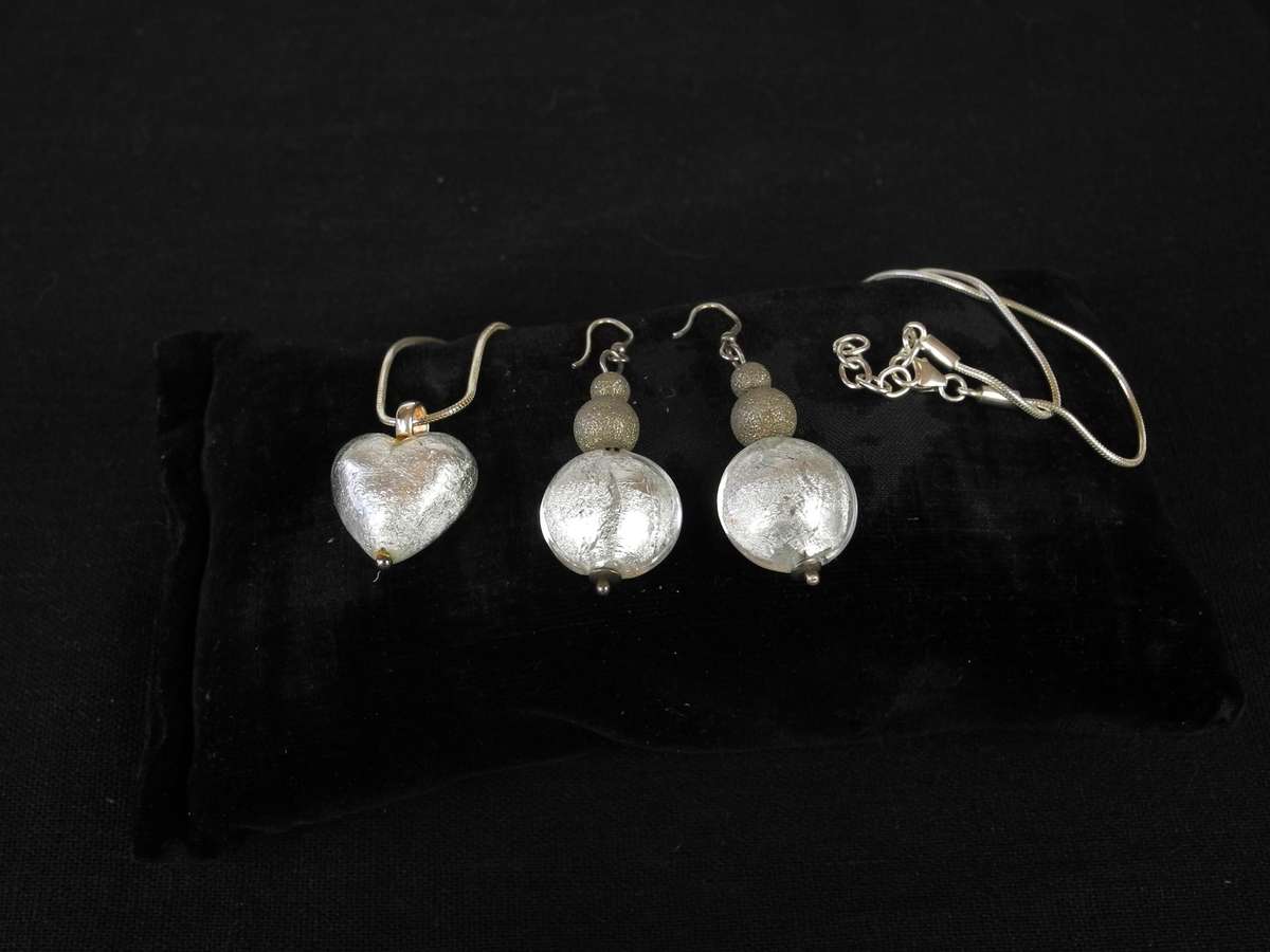 Vintage Sterling Silver, Foil and Glass Heart Pendant on Snake Chain with Matching Drop Earrings