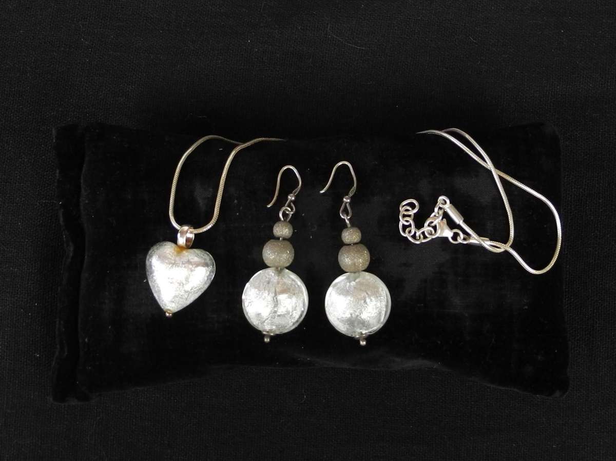 Vintage Sterling Silver, Foil and Glass Heart Pendant on Snake Chain with Matching Drop Earrings