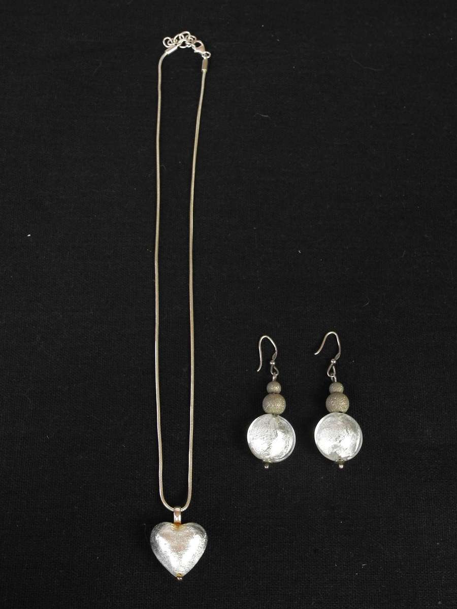 Vintage Sterling Silver, Foil and Glass Heart Pendant on Snake Chain with Matching Drop Earrings