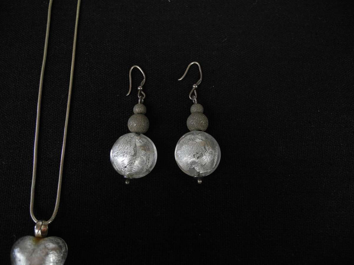 Vintage Sterling Silver, Foil and Glass Heart Pendant on Snake Chain with Matching Drop Earrings