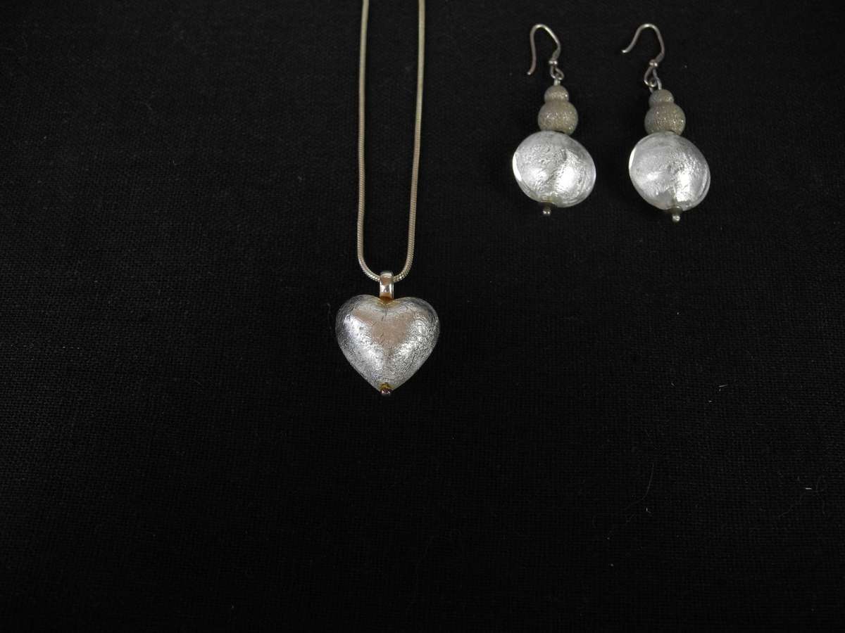 Vintage Sterling Silver, Foil and Glass Heart Pendant on Snake Chain with Matching Drop Earrings