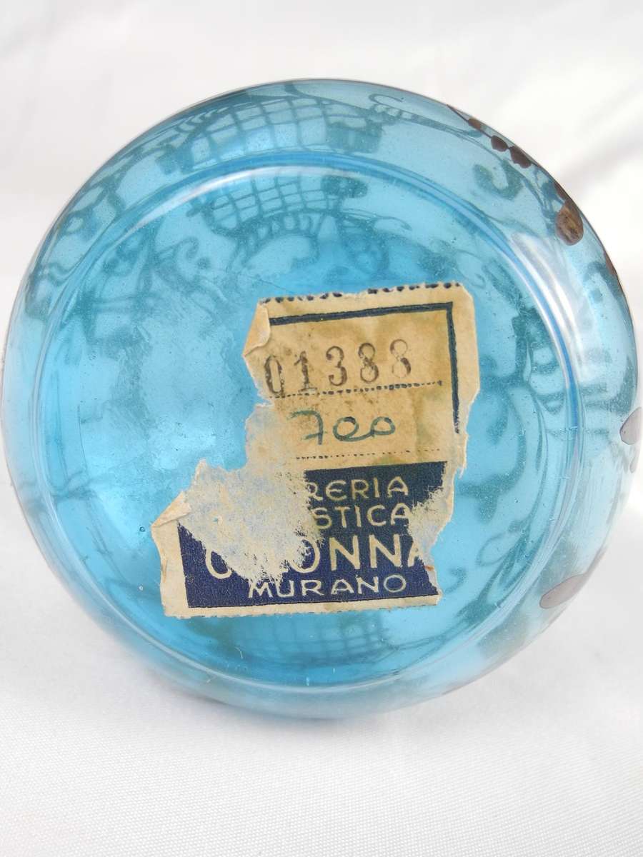 Vintage Murano Glass Vase - Elegant Blue with Gold Detailing and Signed Label