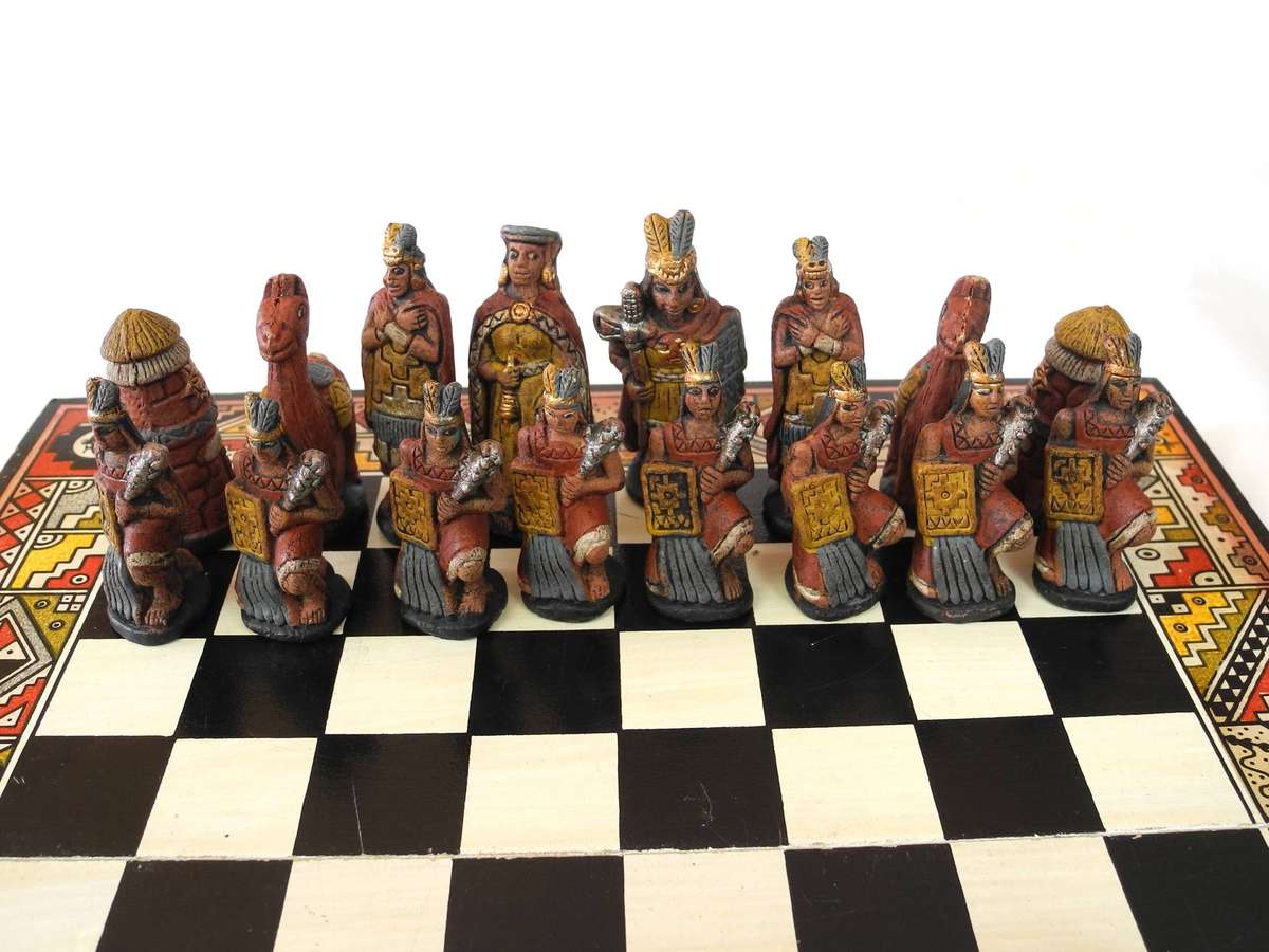 Vintage Handmade Terracotta Portable Chess Set  Incas vs Spanish Conquistadors