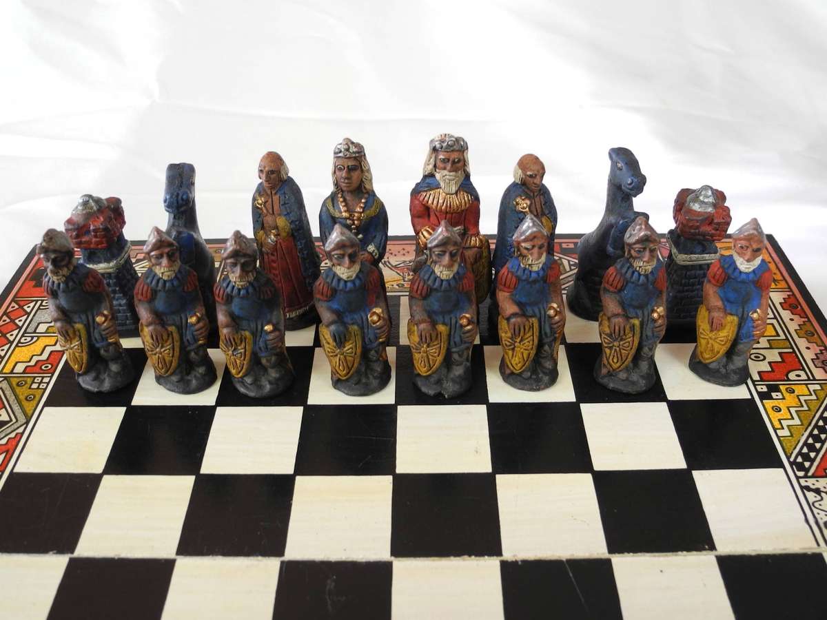 Vintage Handmade Terracotta Portable Chess Set  Incas vs Spanish Conquistadors