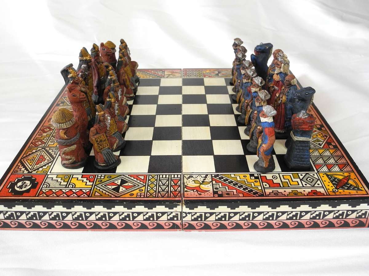 Vintage Handmade Terracotta Portable Chess Set  Incas vs Spanish Conquistadors
