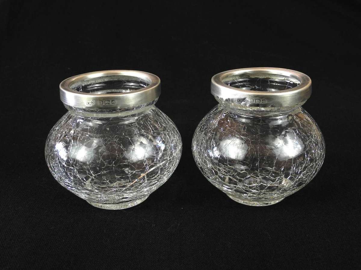 Two Antique .925 Sterling Silver Rimed Crackle Glass Vases (1903)
