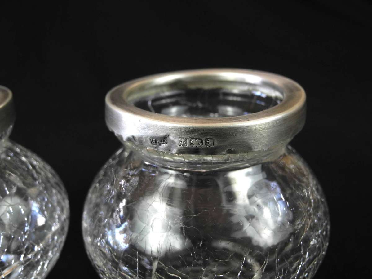 Two Antique .925 Sterling Silver Rimed Crackle Glass Vases (1903)
